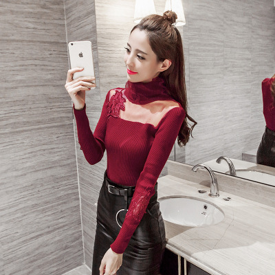 薇侣2017秋冬新款针织衫长袖上衣女套头修身百搭打底高领毛衣