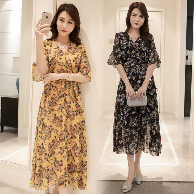 薇侣2017夏装新款女雪纺连衣裙韩版时尚中袖修身显瘦碎花长裙气质印花