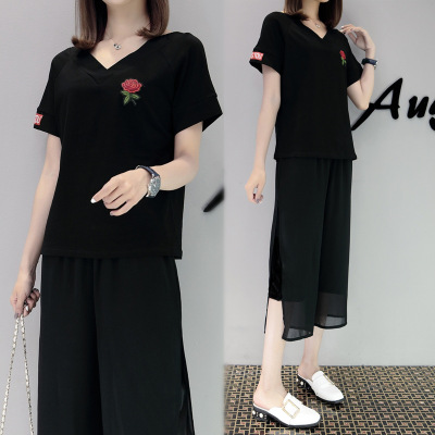 薇侣2017新品韩版胖mm夏装新款200斤显瘦棉混纺雪纺七分裤套装