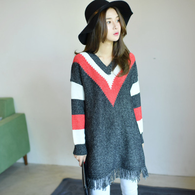 薇侣2017新品实拍秋装新款女装套头V领针织衫宽松长袖一字肩流苏毛衣女