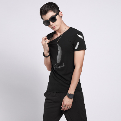薇侣2017新品男士短袖t恤夏装新款韩版修身刺绣白色体恤潮男装上衣服