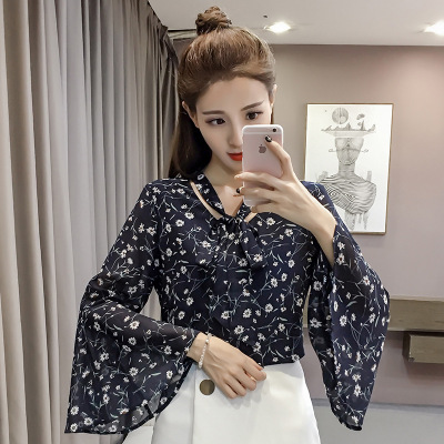 薇侣2017新品秋装新款韩版时尚蕾丝雪纺衫宽松荷叶边袖口衬衫女