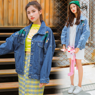 薇侣2017新品学院风宽松女装上衣刺绣花朵长袖百搭牛仔外套女