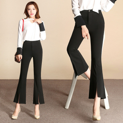 薇侣2017新品秋季新款开叉微喇叭裤女九分裤高腰黑色阔腿女裤子