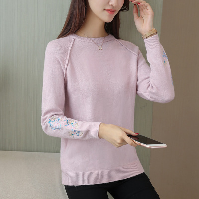 薇侣2017新品秋冬毛衣女韩版宽松套头刺绣花朵短款长袖打底针织衫潮