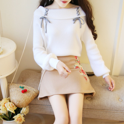 薇侣2017新品秋冬新款套装一字领蝴蝶结宽松毛衣针织衫刺绣短裙两件套