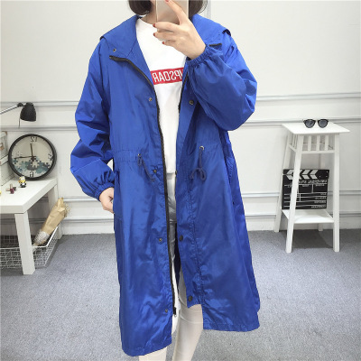 薇侣2017新品秋季简约单排扣连帽抽绳拉链口袋长袖中长款风衣外套女