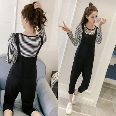 薇侣2017新品秋季套装女时尚两件套新款哈伦直筒九分背带裤子