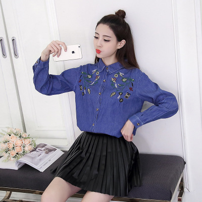 薇侣2017新品春装新款韩版长袖绣花衬衫宽松显瘦翻领刺绣花朵上衣潮