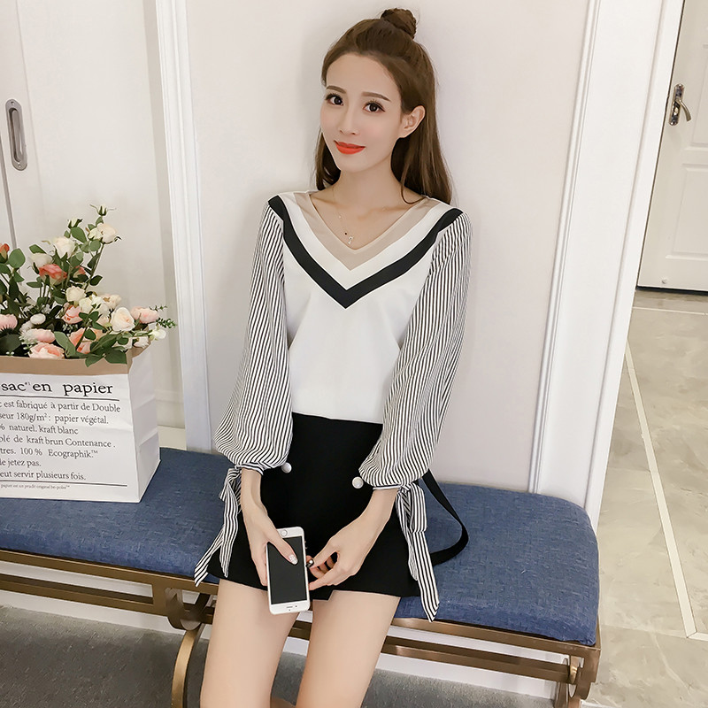 娉语2017秋装韩版学院风宽松显瘦蝴蝶结灯笼袖v领条纹长袖衬衫上衣潮