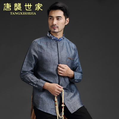 娉语中式立领长袖秋季衬衫中国风刺绣男上衣中老年休闲中山装居士汉服