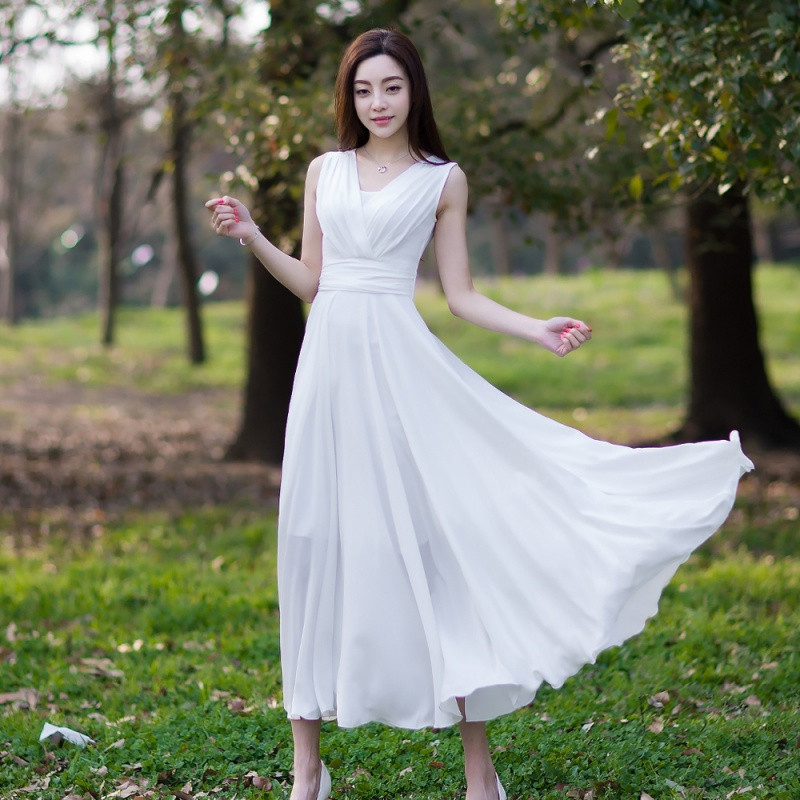 新款2017夏季新款女装雪纺连衣裙背心超长款修身显瘦波西米亚大摆长裙