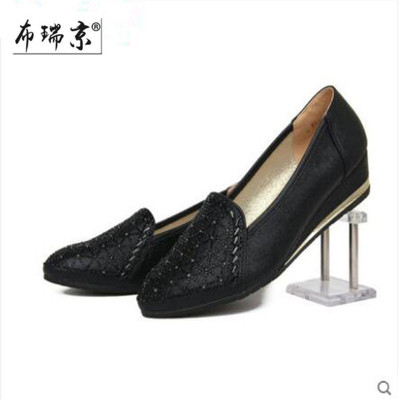 布瑞京 秋新款老北京布鞋时尚亮钻通勤坡跟鞋4142大码套脚牛筋软底女单鞋