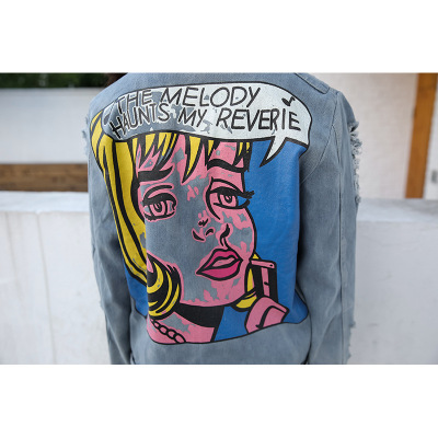 珂依舍2017秋装实拍2017秋季新款破洞印花牛仔外套上衣女装