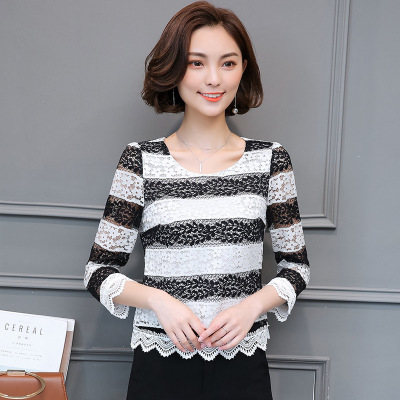 珂依舍2017秋装新款2017新款秋装镂空蕾丝衫女短款小衫显瘦打底衫