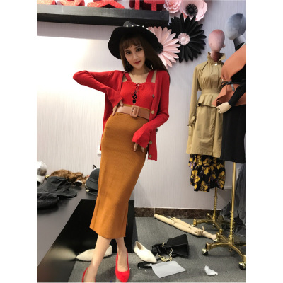 珂依舍2017秋装新款款韩版绑带吊带背心+针织开衫外套+包臀半身裙三件套女