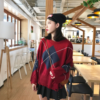 珂依舍2017秋装新款几何图案破洞宽松毛衣针织衫