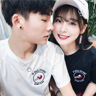 珂依舍2018春夏装新款夏装新款刺乒乓球拍绣花短袖T恤女学生情侣班服