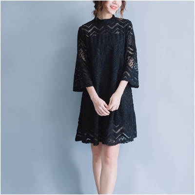 蕾丝连衣裙秋装新款大码七分袖中长款大摆A字裙宽松遮肚子女裙子