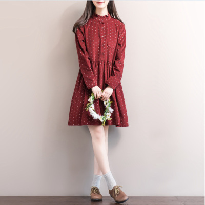 2016新款秋冬森女系文艺纯棉印花复古大码宽松立领灯芯绒连衣裙潮
