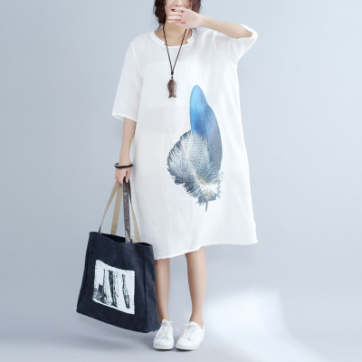 微胖文艺范2017夏装羽毛清凉薄亚麻宽松大码连衣裙藏肉休闲中长款