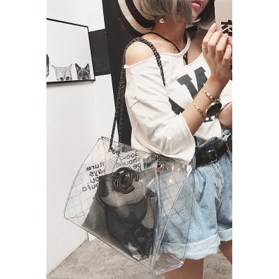 夏季旅游沙滩透明包包女2017新款小香风菱格子母链条单肩大包