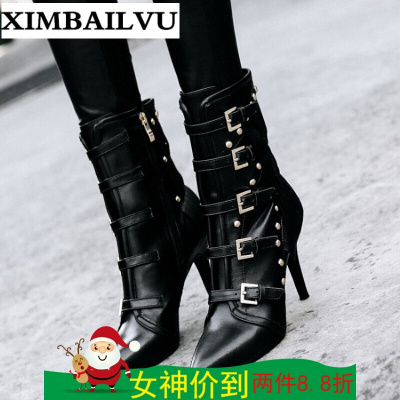 品牌秋冬新款女士欧美尖头皮带扣马丁靴骑士机车靴纯色头层牛皮短靴细高跟低筒靴休闲女靴黑色