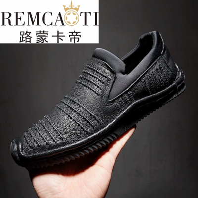 品牌2018春季新款欧洲站个性懒人鞋男缝线乐福鞋百搭驾车鞋潮男鞋Q黑色
