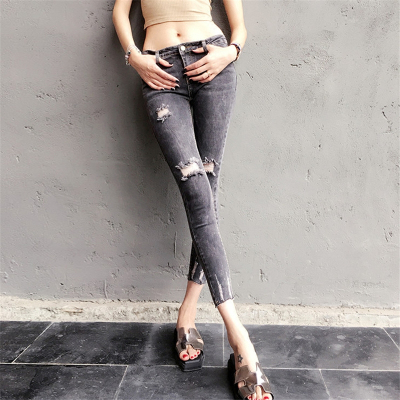 902新款春秋韩国紧身烟灰色膝盖破洞牛仔裤女铅笔裤做旧小脚裤九分裤定制