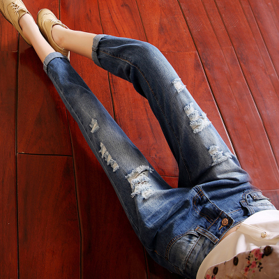 902新款破洞秋装牛仔裤女宽松九分2017春夏季韩版高腰百搭学生长裤子定制