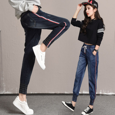 902新款侧边条纹牛仔裤女宽松系带哈伦裤高腰束脚萝卜裤韩版缩腿垮裤定制