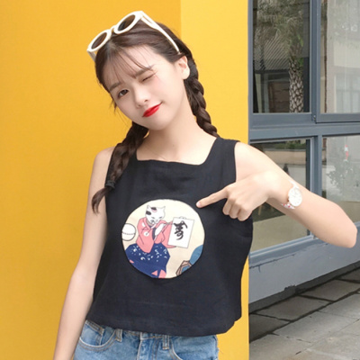 902新款夏装新款女装韩版宽松百搭外穿吊带背心学生日系印花短款无袖上衣定制图片色均码