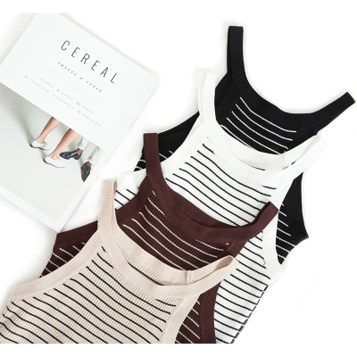 902新款条纹挂脖针织背心夏装高腰修身吊带女无袖露肩复古上衣潮短款小衫定制