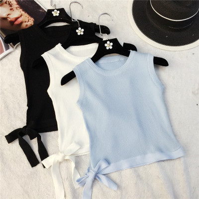 902新款系带开叉无袖针织背心女2017新款夏韩版修身外穿露肩打底吊带上衣定制