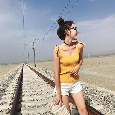 902新款韩版新款纯色蝴蝶结针织竖条纹无袖吊带背心女夏外穿修身打底上衣定制