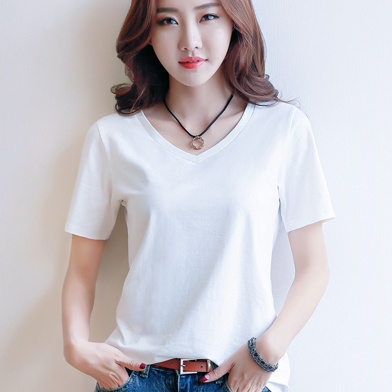 902新款短袖v领白色t恤女夏季宽松简约百搭纯黑色打底衫纯棉韩版女装