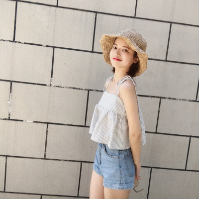 902新款漏两肩小清新绑带外穿条纹上衣港味chic风吊带短款小背心可调节女定制蓝白条纹均码