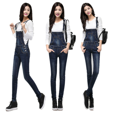 902新款2017春秋新款高腰牛仔弹力背带裤女修身韩版学生连体吊带长裤定制