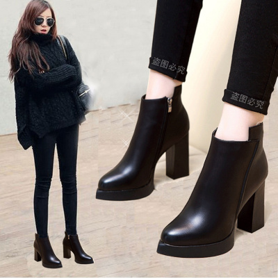 902新款春秋单靴女2017新款高跟鞋韩版百搭粗跟尖头短靴英伦马丁靴潮冬季定制