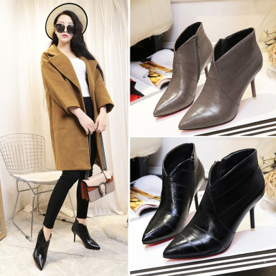 902新款2017秋冬新款简约时尚高跟鞋女短靴细跟尖头女靴及祼靴拉链马丁靴定制