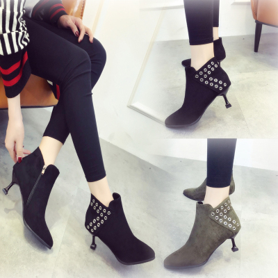 902新款秋冬加绒靴学生短靴尖头柳钉中高跟棉鞋百搭猫跟细跟马丁靴裸靴潮定制