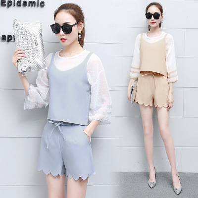 顺崇2018夏季新款韩版时尚雪纺衫上衣+吊带背心套装女短裤三件套潮