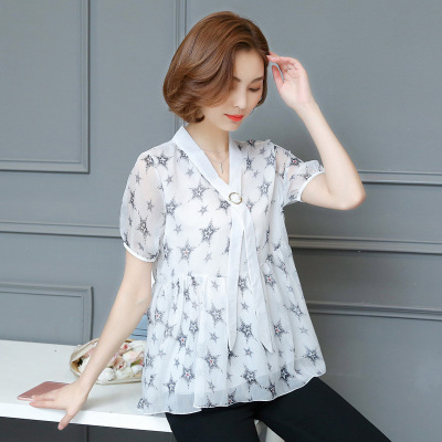 顺崇2018大码女装短袖t恤女夏装胖mm上衣宽松200斤印花雪纺衫