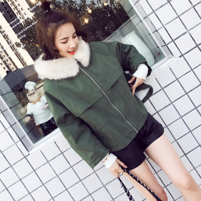顺崇2017冬季新款真狐狸毛领羊羔毛工装棉衣外套短款学生bf宽松夹克