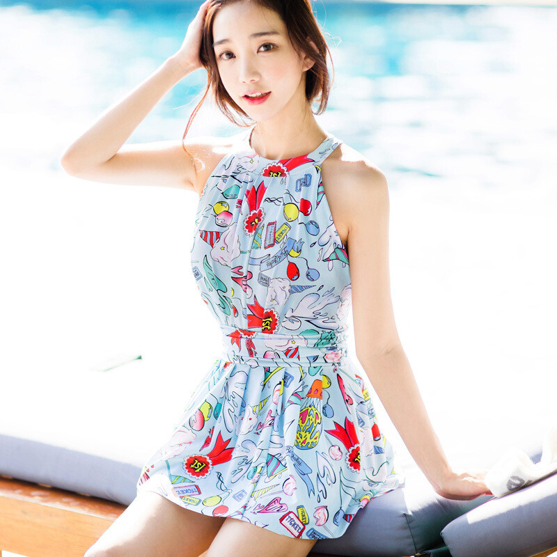 俏皮印花小胸聚拢性感镂空露背遮肚修身裙式连体泳衣 凹凸(aotu)游泳