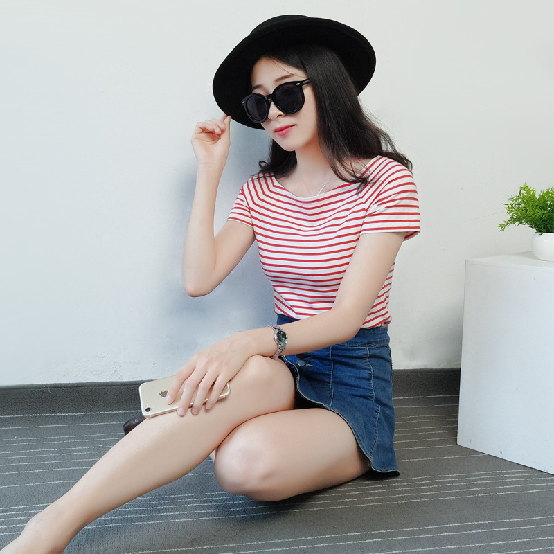 bw9新款夏装2017新款修身露肩一字领露脐上衣短装高腰