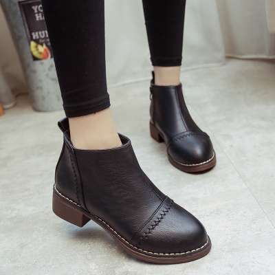 qma新款2017韩版秋季圆头粗跟中跟布洛克马丁靴裸靴侧拉链英伦短靴女靴子定制