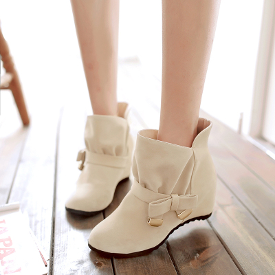 qma新款短靴女秋冬新款坡跟内增高高跟百搭韩版蝴蝶结圆头休闲时装鞋靴子定制