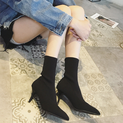 qma新款尖头高跟短靴女2017新款欧美针织袜靴弹力靴秋季细跟女靴子黑定制