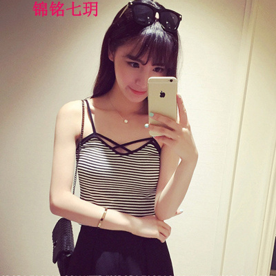 锦铭七玥春夏季新款女装百搭前胸后背交叉短款修身条纹针织吊带小背心女潮